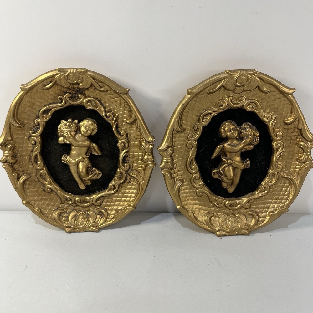 Vtg Ardco Cherub Plaques LOT of 2 Gold Ceramic Black Flocking Renaissance Angels
